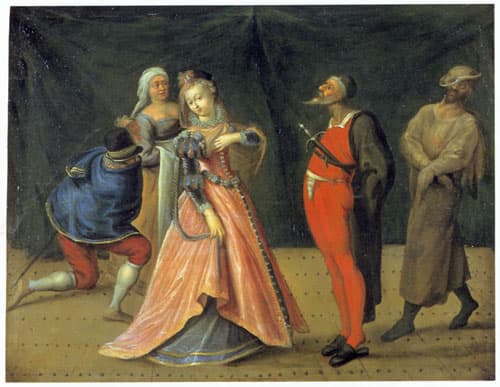 Scene from the Commedia dell’Arte, Anonymous, oil on wood panel, late 16th—early 17th century, held by Drottningholms Teatermuseum, Stockholm.