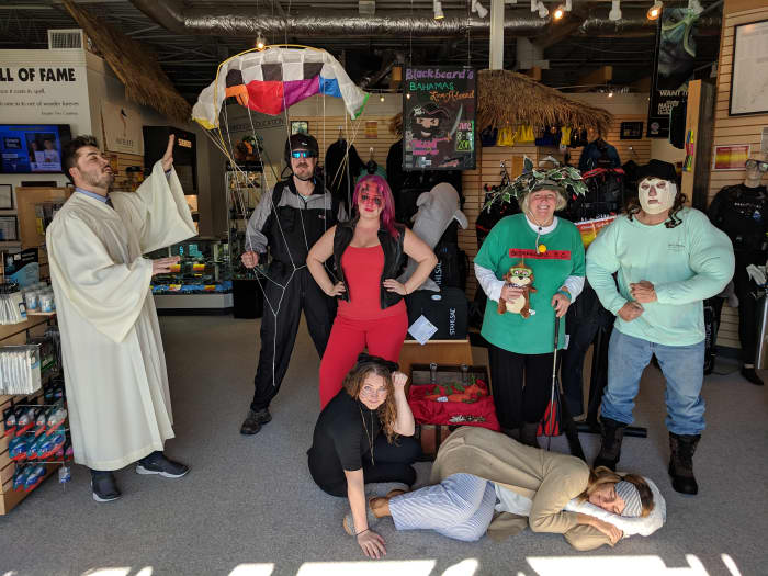 The only full body shot I remembered to get of my costume, but here's all my coworker's costumes too!