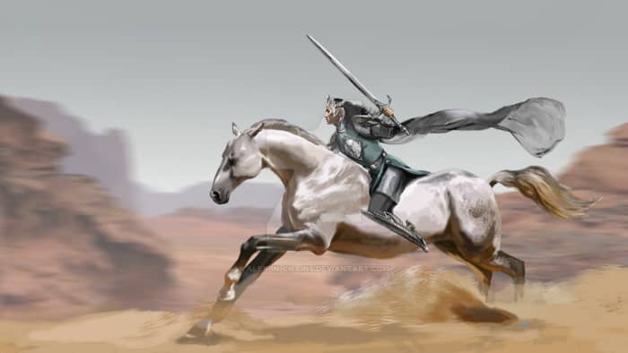 By artist alex-in-chains. The last ride of High King Fingolfin. The elves of the First Age are noted for being stronger than their descendants, especially the Feanor and Fingolfin. Yet it was not enough to defeat Morgoth.