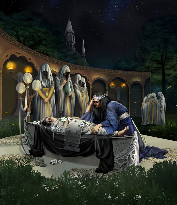 By artist Steamey. The death of Miriel, first High Queen of the Noldor and mother to Feanor. Finwe never truly recovers from her death and thus has a stronger attachment to Feanor. Fingolfin and the rest of his family have to deal with her legacy