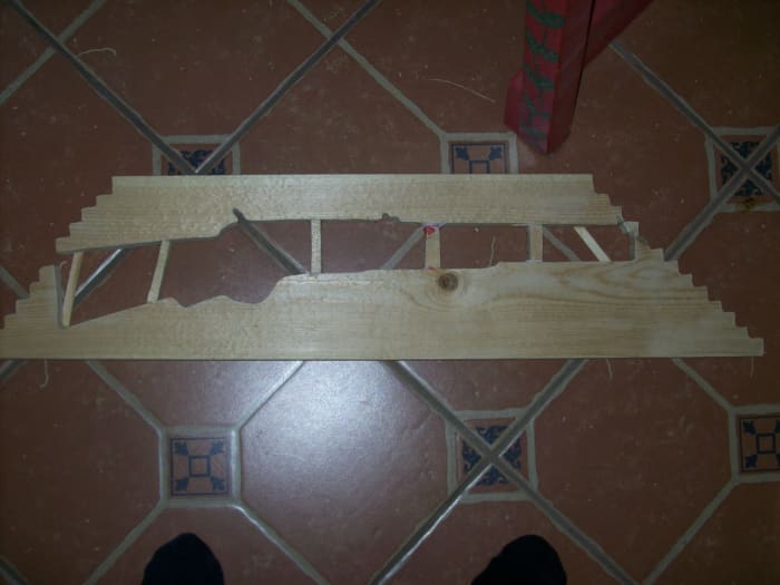Backboard with 4 stays glued in place to accept the carbine - it gives a 3d look. Stays should be flush to the front surface.