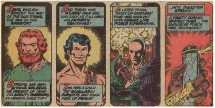 The story of the Eternals as told by Eon regarding Zuras, Alars, and Kronos (This was originally written as Zeus by was later corrected in The Life of Captain Marvel reprints)