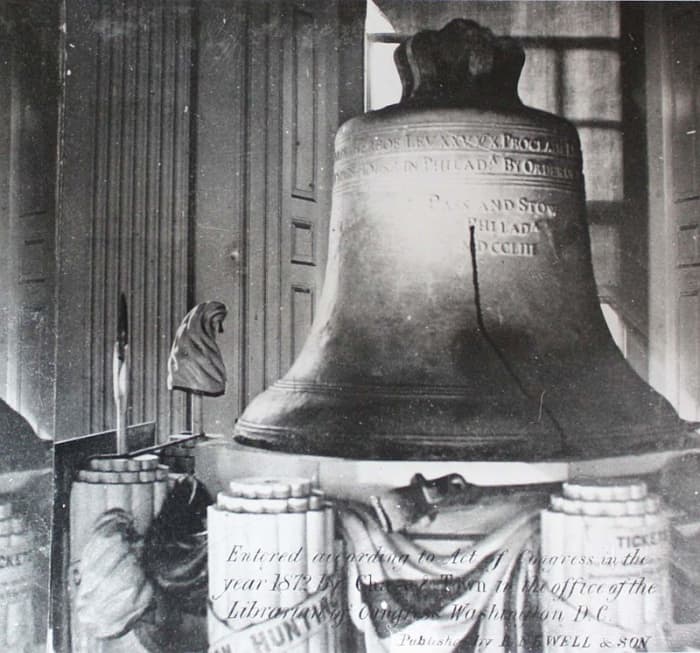 The Liberty Bell on its stand at Independence National Historic Park Library and Archives, Philadelphia PA.