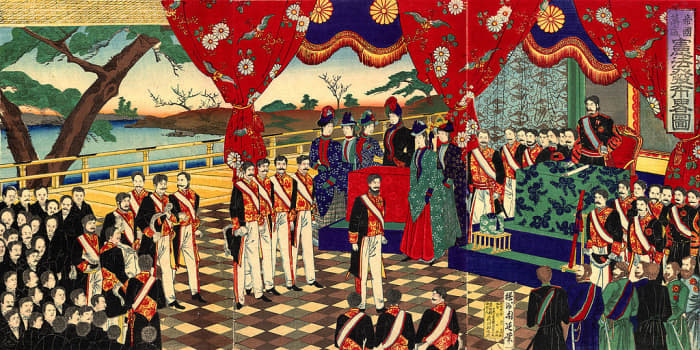 The Meiji constitution of 1889 is promulgated : liberal, conservative, with a heavy incorporation of Western thought and the Japanese created ideology of the imperial-familial state, it serves as a good metaphor for the Meiji restoration.