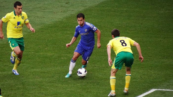 This picture was taken during the 2011/2012 and shows Eden Hazard of Chelsea taking on Norwich City's Jonny Howson.