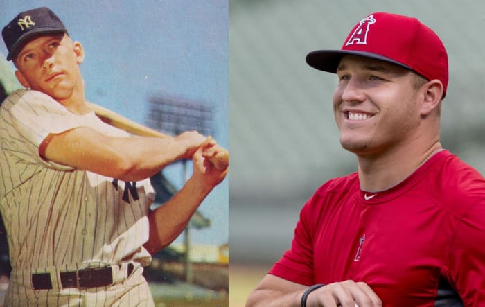 Mickey Mantle, shown here in about 1953, and Mike Trout, from 2014, were on similar career and Hall of Fame tracks through their first eight seasons.