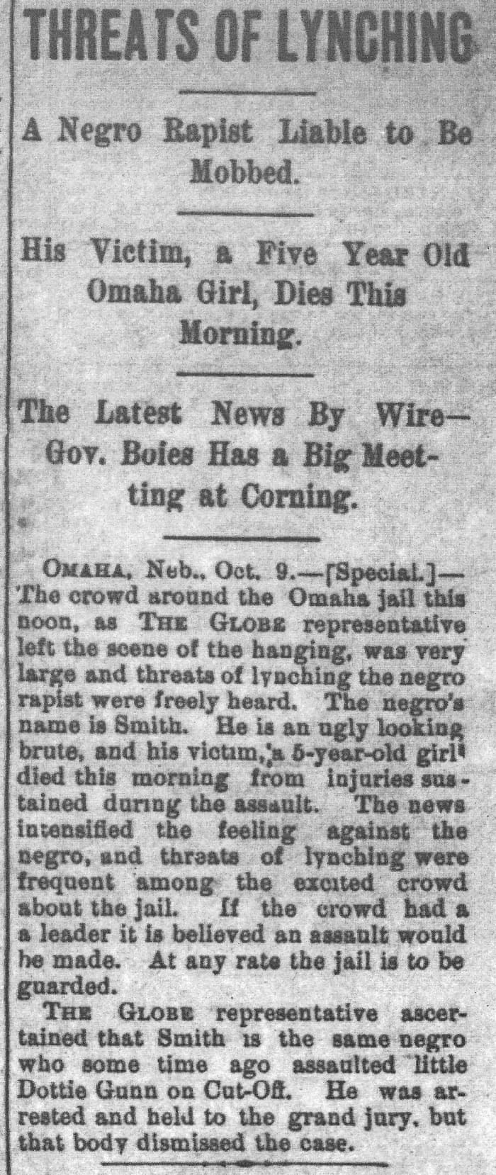 The false news story that George Smith had murdered Lizzie Yeates. Although there was strong evidence that Smith raped five year old Yeates, he did not murder her.