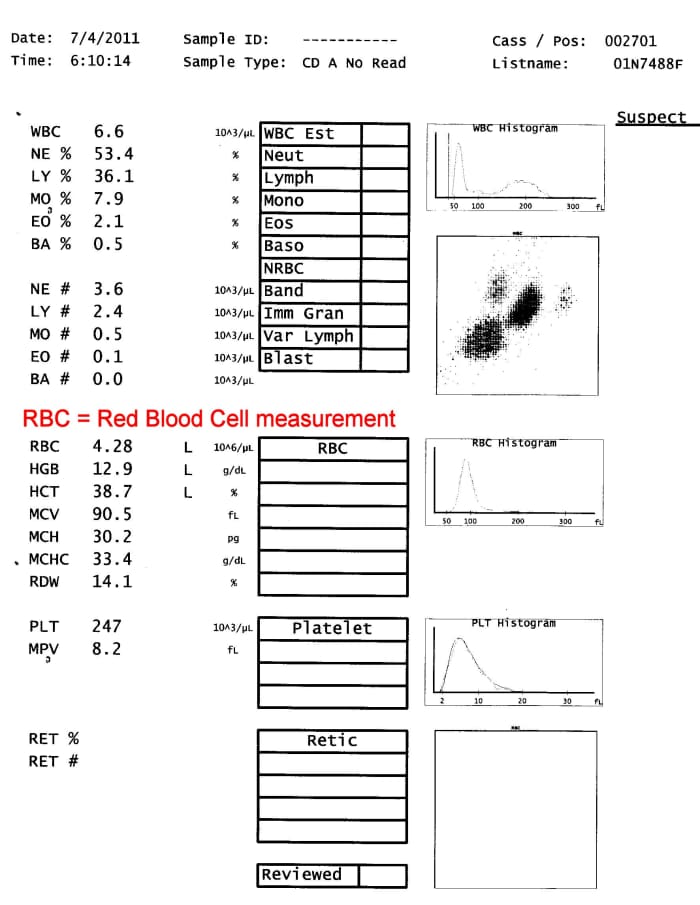 Typical CBC results. RBC = Red Blood Cell Count. The 'L' indicates that this particular count is on the low side.