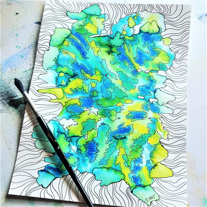 Abstract watercolor created with leftover paint! Then I added the fun designs with my micron pen.