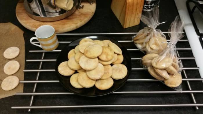 Peanut butter dog biscuits. Also pictured is the espresso cup that I used instead of a cookie-cutter.
