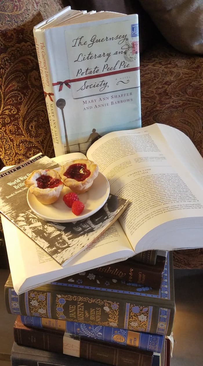 Raspberry pie bites are the perfect companion snack to enjoy while reading "The Guernsey Literary and Potato Peel Pie Society" by Mary Ann Shaffer and Annie Barrows.