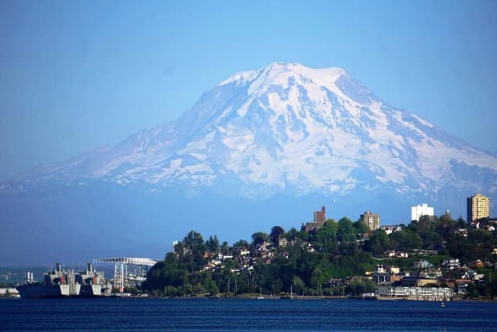 Mount Rainier Towering on the horizon as viewed from the Ruston Way area in Tacoma, Washington