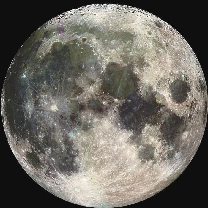 The moon as photographed from the Galileo spacecraft; photograph enhanced by the near-infrared capabilities of the camera