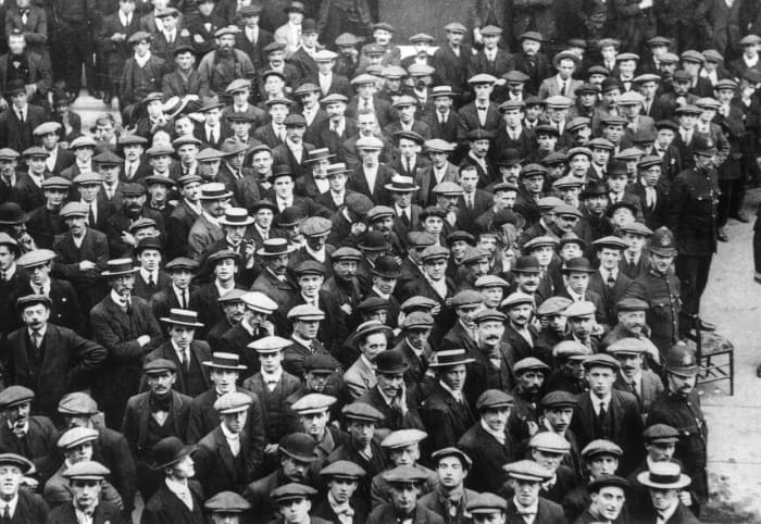 British Volunteer recruits in London, August 1914, joining up for the army headed to the front in World War I.