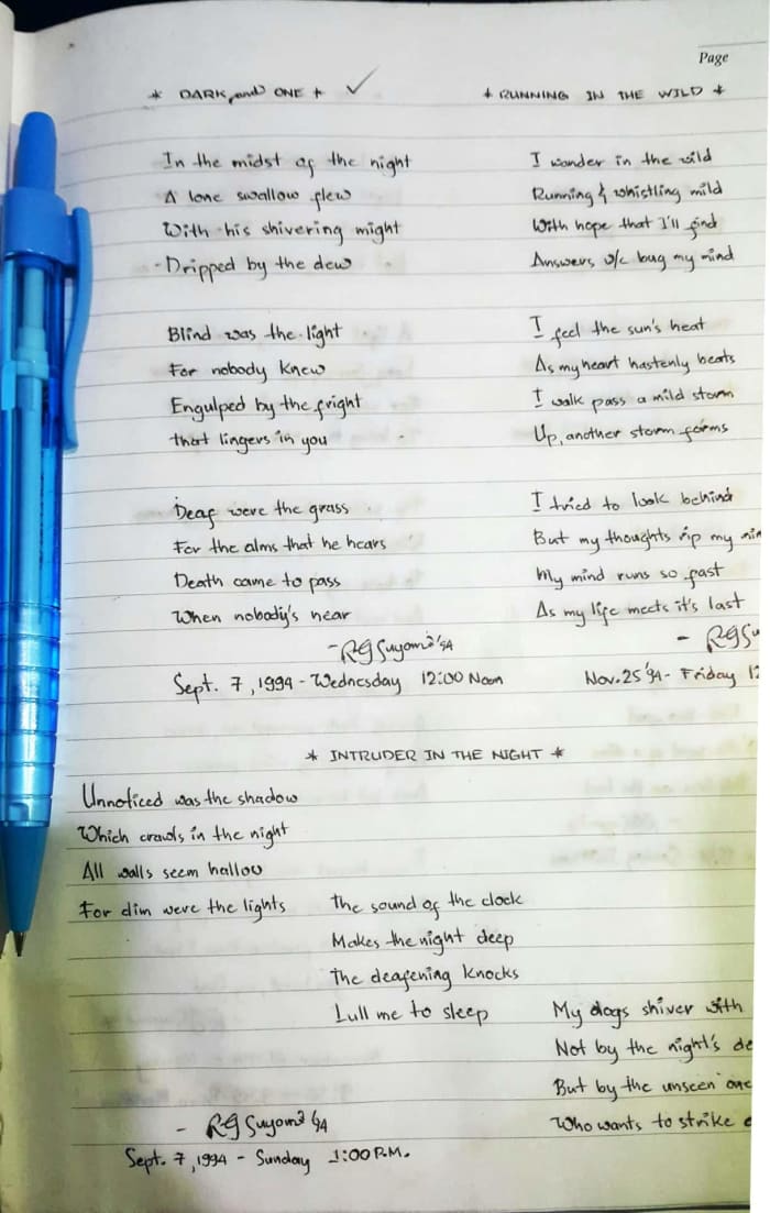 The first page of my journal which shows three of the earliest poems I have ever written. Just looking at my hand writing and the old paper makes me remember so many things about the past.