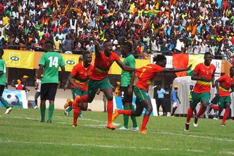 Guinea-Bissau player (red) celebrates during a 2017 Africa Cup of Nations qualifier against Zambia in Bissau on June 4, 2016. This victory, coupled with another result, secured a spot at the 2017 African Cup of Nations.