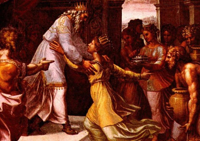 Solomon and the Queen meeting for the first time. Solomon's fame had spread far and wide. The Queen of Sheba traveled a long way to see for herself if he was as wise as they said and to inquire into his God.
