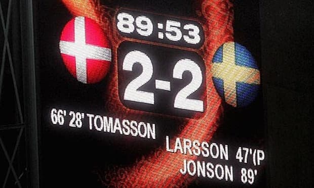 An image of the scoreboard displays the score in the Denmark-Sweden match at Euro 2004. This result sent both nations into the quarter-finals, much to the dismay of Italy.