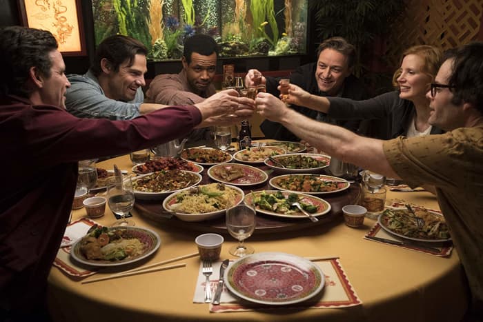 James Ransone, Jay Ryan, Isaiah Mustafa, James McAvoy, Jessica Chastain, and Bill Hader in, "It: Chapter Two."