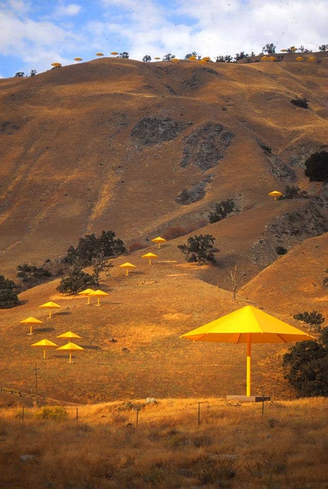 Just a few of the yellow umbrellas the artists scattered across Tejon Pass in California