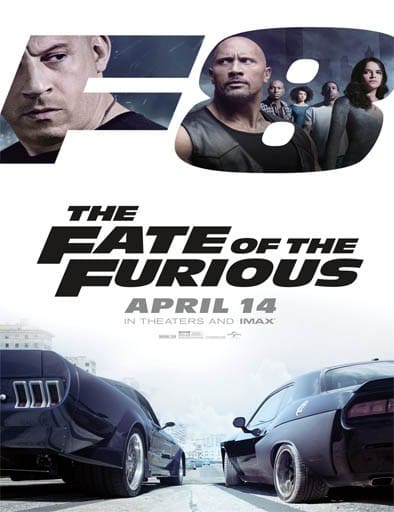 Film poster for "Fast and Furious 8: The Fate of the Furious" (2017) starring Vin Diesel and Dwayne Johnson.