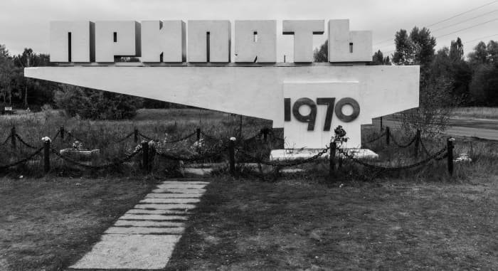 The Pripyat sign of the edge of the town. The sign has stood since the founding of the town in 1970.