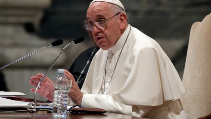 Pope Francis speaks during a meeting with the dioceses of Rome about sexual abuse.