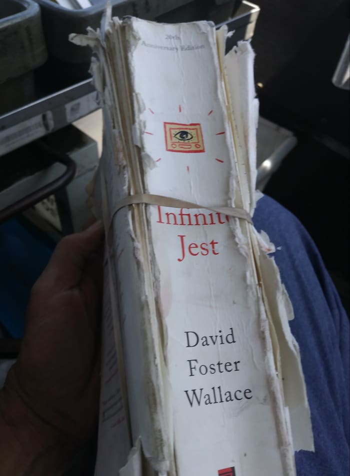 By the end, "Infinite Jest" was in tatters, literally falling apart in my hands. I used rubber bands to keep the novel from bursting its literary rivets.