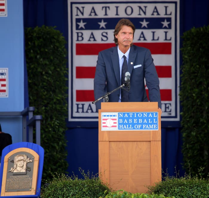 Former Arizona Diamondbacks pitcher Randy Johnson delivers a speech at his 2015 Hall of Fame induction. He is the only Arizona player to wear a Diamondbacks cap on a Hall of Fame plaque.