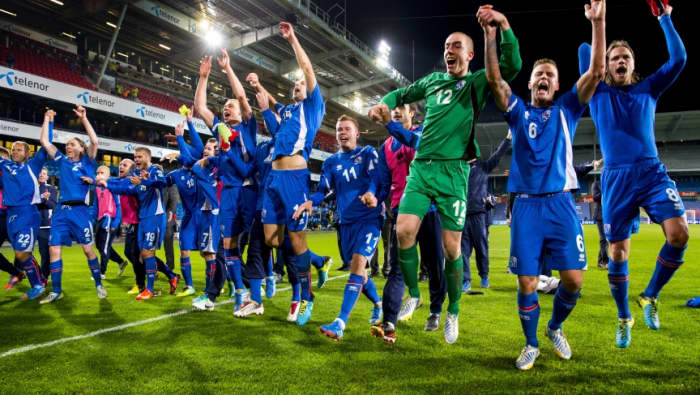 Iceland players following a 2014 FIFA World Cup qualifying match against Norway on Oct. 13, 2013, at Ullevaal Stadium in Oslo. Iceland recorded a 1-1 draw and, coupled with Switzerland's 1-0 win against Slovenia, reached the playoffs.