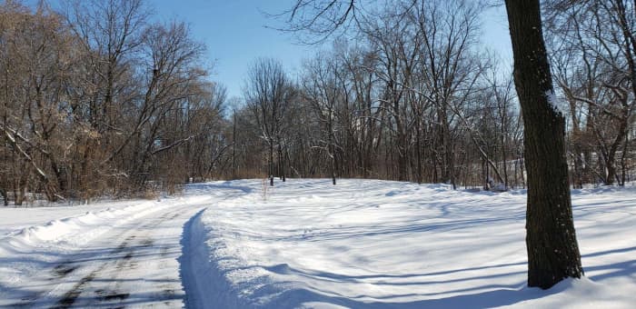 To the left is a plowed biking lane with slick spots. On the right is an un-plowed walking path.