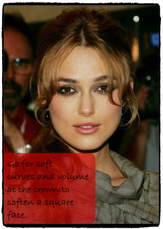 Keira Knightley has a square-shaped face, which looks best with soft curves, asymmetrical cuts, and volume at the crown.