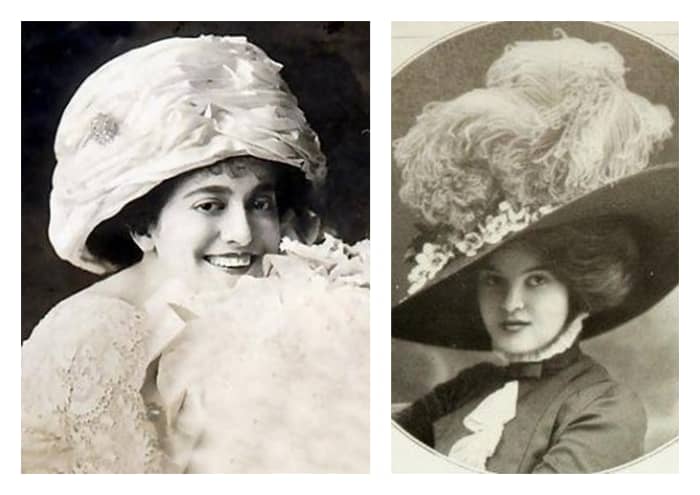In Edwardian times, the wide brimmed hats of the Merry Widow look worked with the pompadour hairstyles and balanced the fuller skirts. The lighter color linen hats of summer were indicative of upper class society.