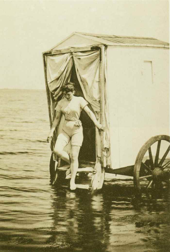 Late Victorian bathing machine and bather