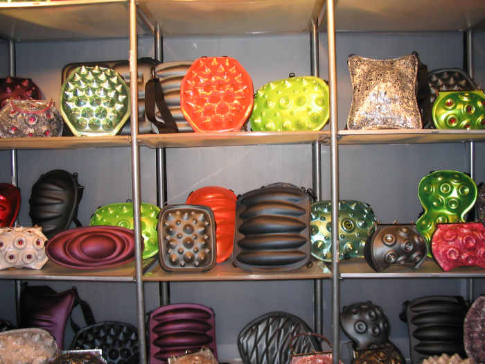 space-age purses at Salon des metiers d'art du Quebec in Canada.