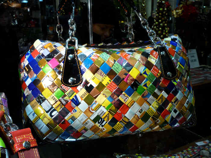 colourful handbag made from recycled materials.