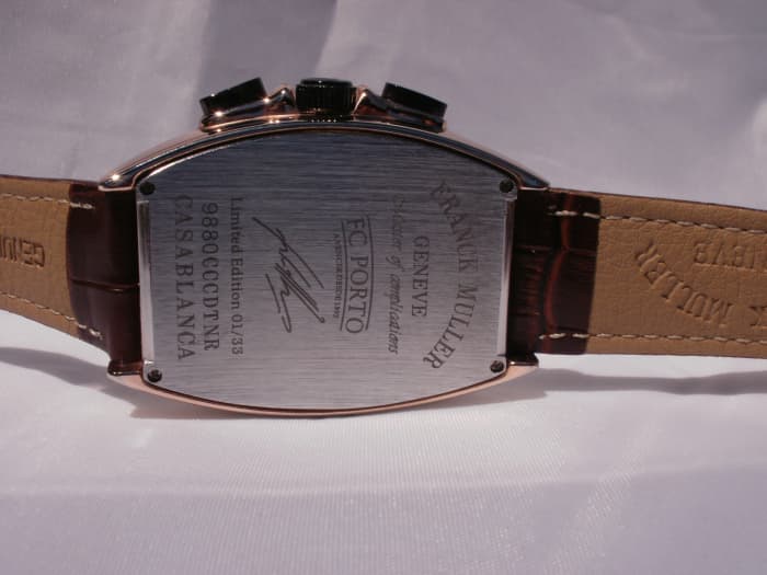 Back plate is inscribed with bogus information identifying the watch manufacturer as Franck Muller.