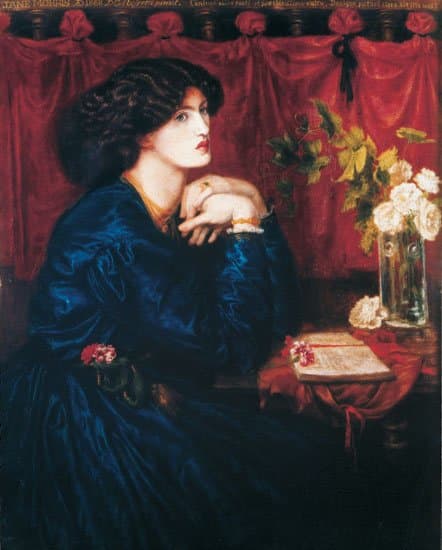 Jane Morris—the dark hair, strong features, and simple cobalt blue dress Are typical motifs of the Aesthetic Movement.
