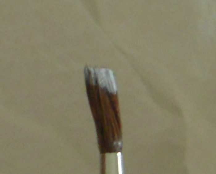 Load a #2 round brush, with ends blunted, with white polish.