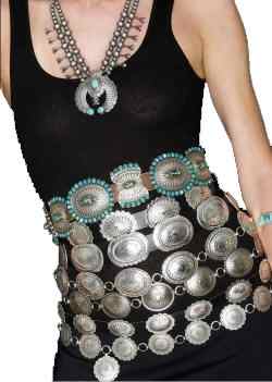 seven concho belts around model waist on black tshirt with turquoise necklace