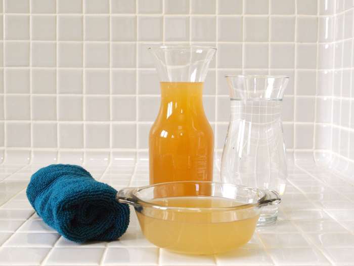 And for homemade conditioner, all you need is apple cider vinegar and water.