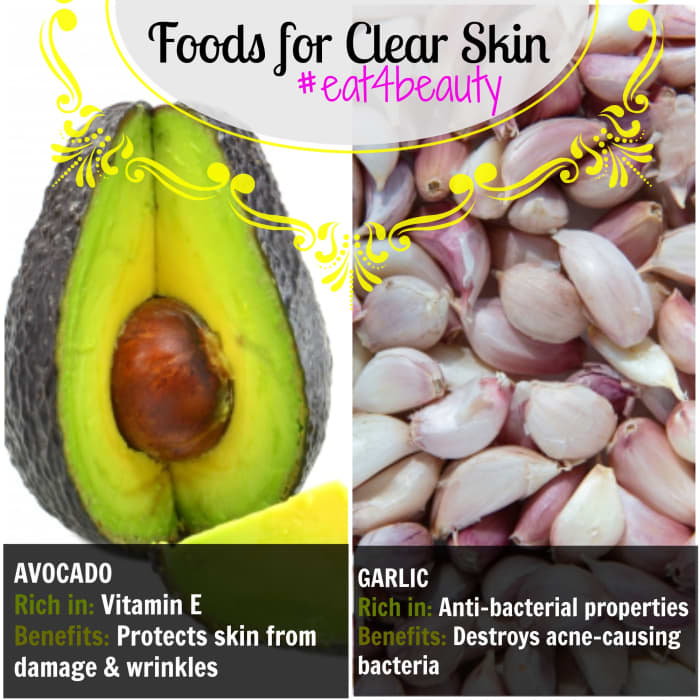 What foods should you eat for clearer looking skin? Avocado and Garlic contain important vitamins and nutrients that can clear complexion!