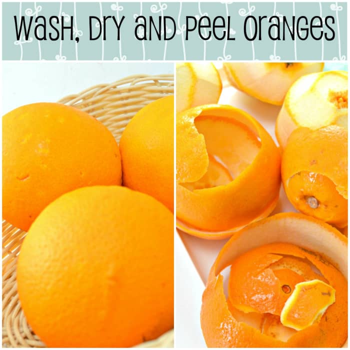 Wash oranges and peel off the top most part. Try to avoid the white part as much as possible. For this, make sure you use a sharp knife.