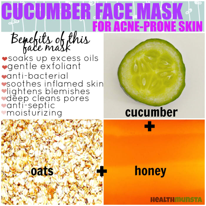 Cucumber is the perfect face mask for inflamed and irritated acne-prone skin. Combined with honey and oats, this combo can rid acne with regular use.