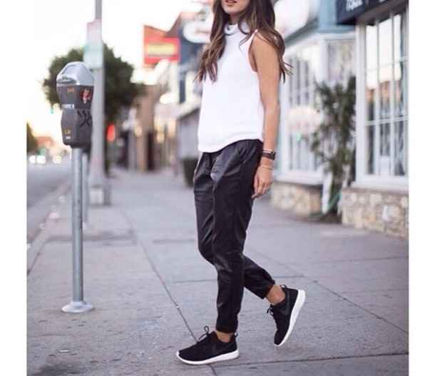 These leather jogger pants look fantastic with sneakers.