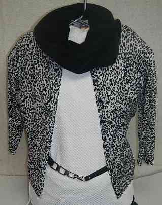White top $5 off-season sale, leopard print sweater $3.57 at a thrift store, belt $1.25 overstock sale, funnel scarf $2.50 clearance sale. Outfit total? $12.32!