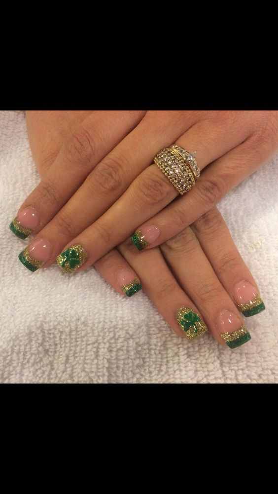 green and gold glittery nail tips