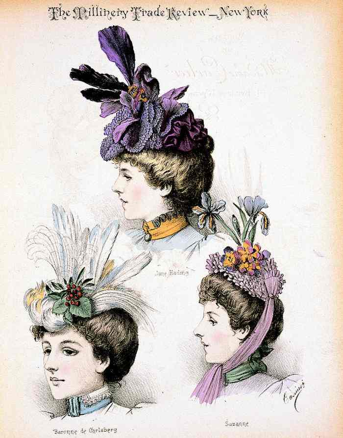 Hats circa 1897designed by Madame Emilie Carlier of Paris.