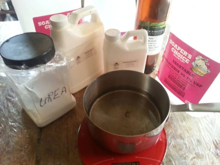 I think it's easiest to weigh the first seven ingredients directly into a saucepan. After all seven ingredients have been added, weigh the saucepan with the ingredients in it and make a note of the weight.