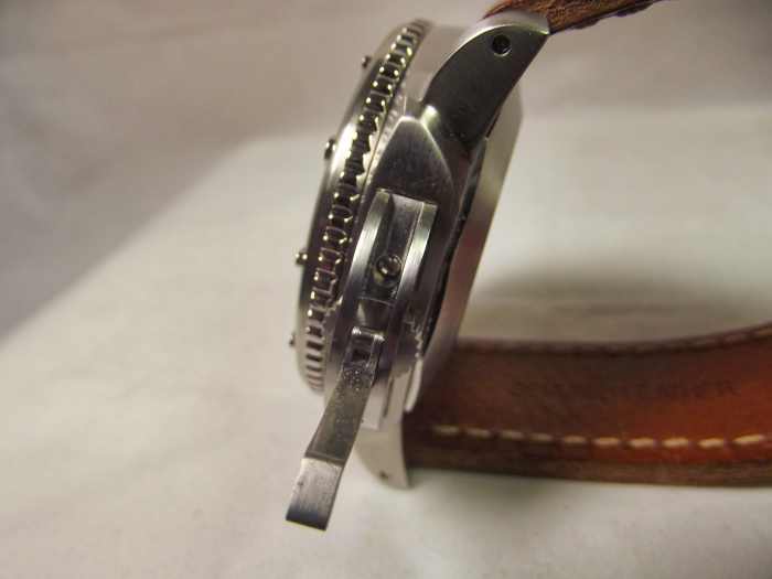 Parnis Marina Militare Automatic, displaying view of its crown protector lever